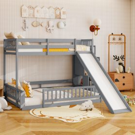 Pine Solid Wooden Bunk Bed with Slide, Storage Staircase and Safety Guardrails