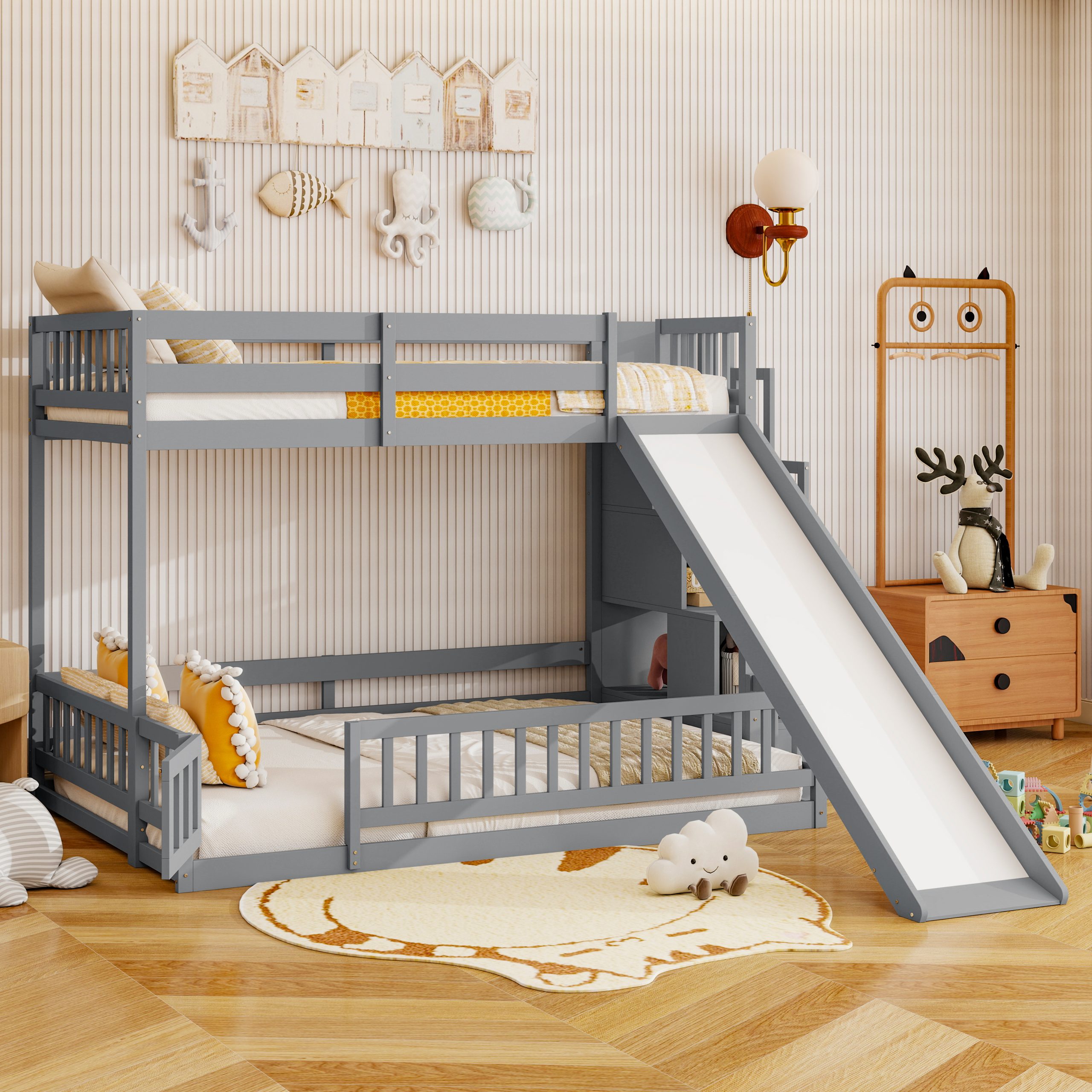 Pine Solid Wooden Bunk Bed with Slide, Storage Staircase and Safety Guardrails