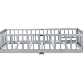 Rubber Wood Full Size Floor Bed With Fence, Door,  and Guardrails
