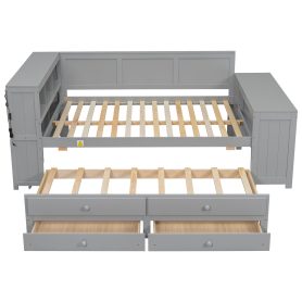 Full Size Daybed With Storage Shelves, Drawers, Trundle, Charging Station, LED Light, Desk And Cabinet