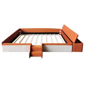 Queen Size Velvet Upholstered Daybed with Stairs & Gas Lift Storage Ottoman, Contrast Color, Padded Guardrails