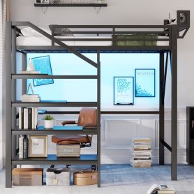 Metal Full Size Loft Bed With Foldable Desk,Light Strip, Staircase Storage And Charging Station