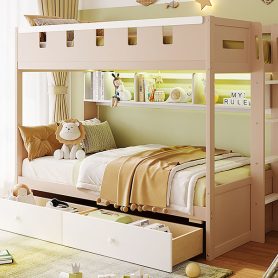 Twin Size Castle Style Bunk Bed with 2 Drawers, Shelf and LED Light