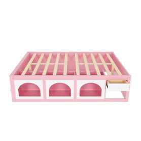 Queen Size Wooden Platform Bed with Bookshelf, Display Cabinet, LED Light and Drawer