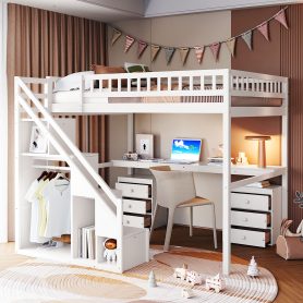 Full Size Loft Bed with Two Chest of Drawers, Desk and Light Strip