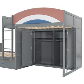 Full Size Offset Bunk Bed with Wardrobe & Drawers, Upholstered Guardrail, Built-in Hanging Rod