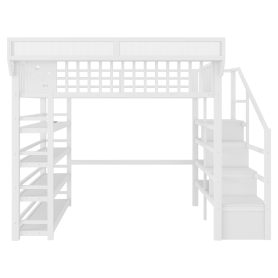 Metal Full Loft Bed with 4 Shelf Storage Rack and Charging Station