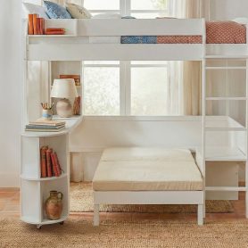 Full Size Wood Loft Bed with Desk, Bedside Storage Shelf, Sofa and Light