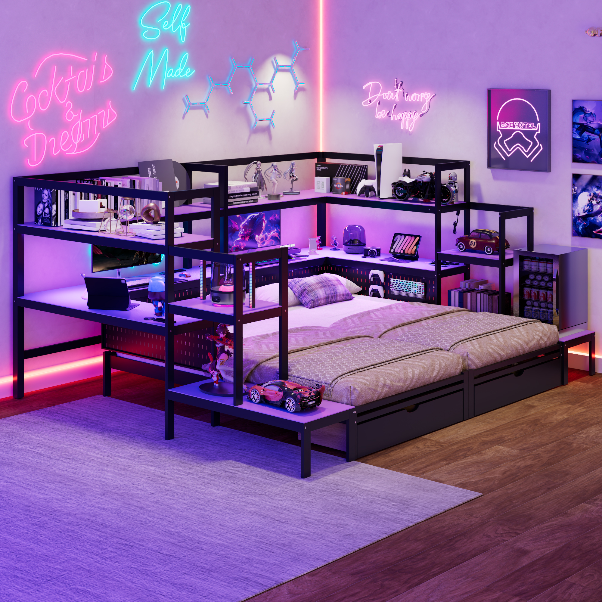 Twin Size Gaming Daybed with Integrated Desk and LED Light 17 Twin Size Gaming Daybed with Integrated Desk and LED Light