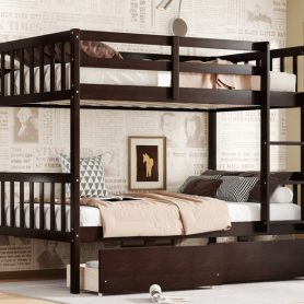 Twin Over Twin Rubber Wood Bunk Bed With 2 Drawers, Ladder And Safety Guardrails 49 Twin Over Twin Rubber Wood Bunk Bed With 2 Drawers, Ladder And Safety Guardrails