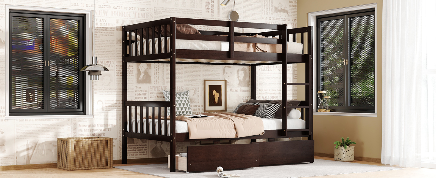 Twin Over Twin Rubber Wood Bunk Bed With 2 Drawers, Ladder And Safety Guardrails 22 Twin Over Twin Rubber Wood Bunk Bed With 2 Drawers, Ladder And Safety Guardrails