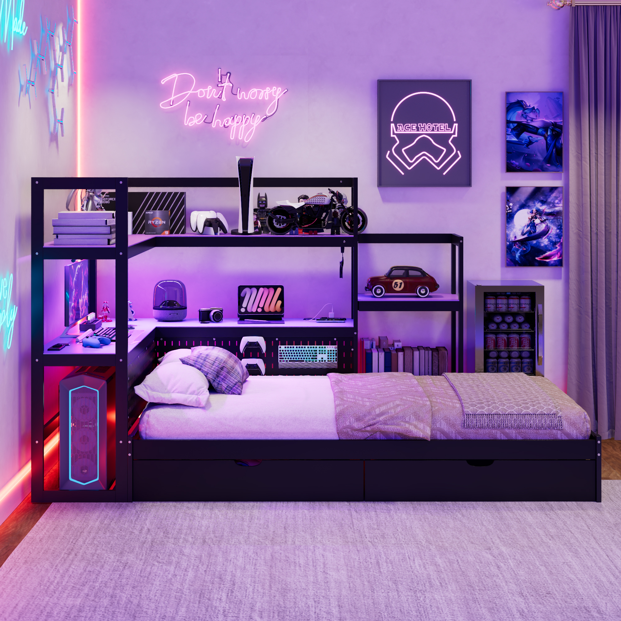 Twin Size Gaming Daybed with Integrated Desk and LED Light 20 Twin Size Gaming Daybed with Integrated Desk and LED Light