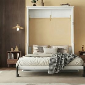 Queen Size Wood Vertical Murphy Bed with Desk, Gas Struts