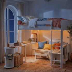 Full Size Wood Loft Bed with Desk, Bedside Storage Shelf, Sofa and Light