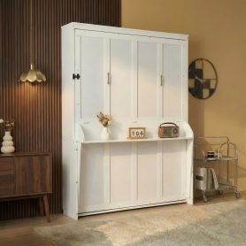 Queen Size Wood Vertical Murphy Bed with Desk, Gas Struts