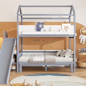 House-Shaped Wooden Bunk Bed with Slide & Storage Staircase