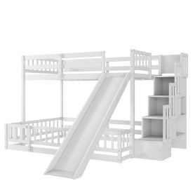 Pine Solid Wooden Bunk Bed with Slide, Storage Staircase and Safety Guardrails