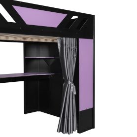 Full Size Wood Loft Bed with Shelves, Blackout Curtains and RGB Lights