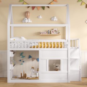 Full Size Wooden House Bed With Built-in LED Shelf Light