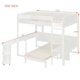 Full Size Wood Loft Bed with Desk, Bedside Storage Shelf, Sofa and Light