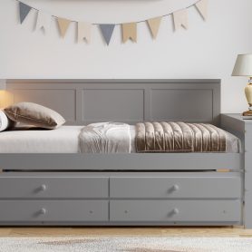 Full Size Daybed With Storage Shelves, Drawers, Trundle, Charging Station, LED Light, Desk And Cabinet