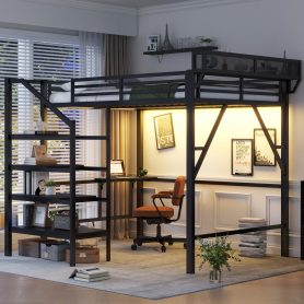 Metal Queen Size Loft Bed With Foldable Desk,Light Strip, Staircase Storage And Charging Station