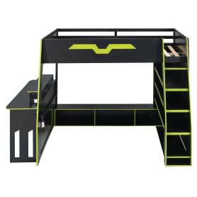 Full Size Wood Loft Bed with Desk, Multi-Storage Shelves and RGB Light