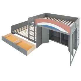 Full Size Offset Bunk Bed with Wardrobe & Drawers, Upholstered Guardrail, Built-in Hanging Rod