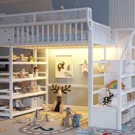 Metal Full Loft Bed with 4 Shelf Storage Rack and Charging Station