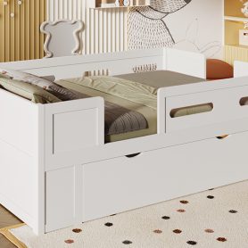 Wood Twin Size Platform Bed with Guardrail and Drawer