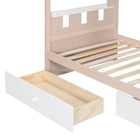 Twin Size Castle Style Bunk Bed with 2 Drawers, Shelf and LED Light