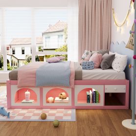 Queen Size Wooden Platform Bed with Bookshelf, Display Cabinet, LED Light and Drawer