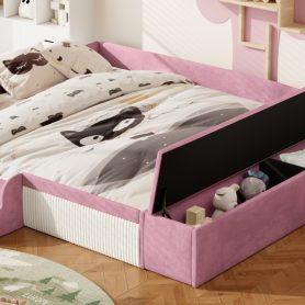 King Size Velvet Upholstered Daybed with Stairs & Gas Lift Storage Ottoman, Contrast Color, Padded Guardrails