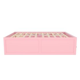 Queen Size Wooden Platform Bed with Bookshelf, Display Cabinet, LED Light and Drawer