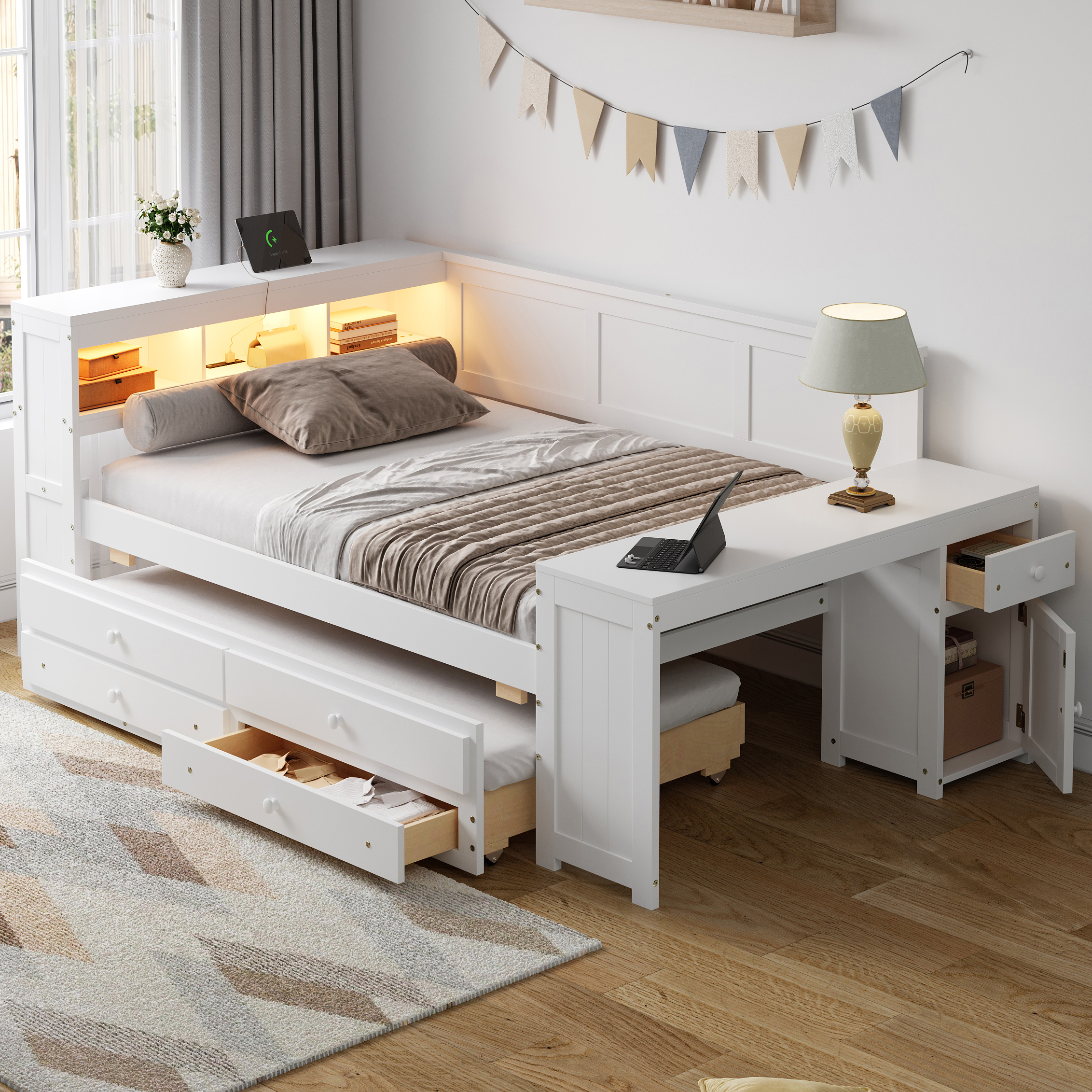 Full Size Daybed With Storage Shelves, Drawers, Trundle, Charging Station, LED Light, Desk And Cabinet