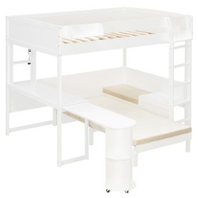 Full Size Wood Loft Bed with Desk, Bedside Storage Shelf, Sofa and Light