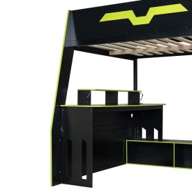 Full Size Wood Loft Bed with Desk, Multi-Storage Shelves and RGB Light