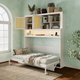 Twin Size Murphy Bed With Top Cabinet, Light & USB