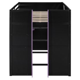 Full Size Wood Loft Bed with Shelves, Blackout Curtains and RGB Lights