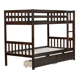 Twin Over Twin Rubber Wood Bunk Bed With 2 Drawers, Ladder And Safety Guardrails 54 Twin Over Twin Rubber Wood Bunk Bed With 2 Drawers, Ladder And Safety Guardrails