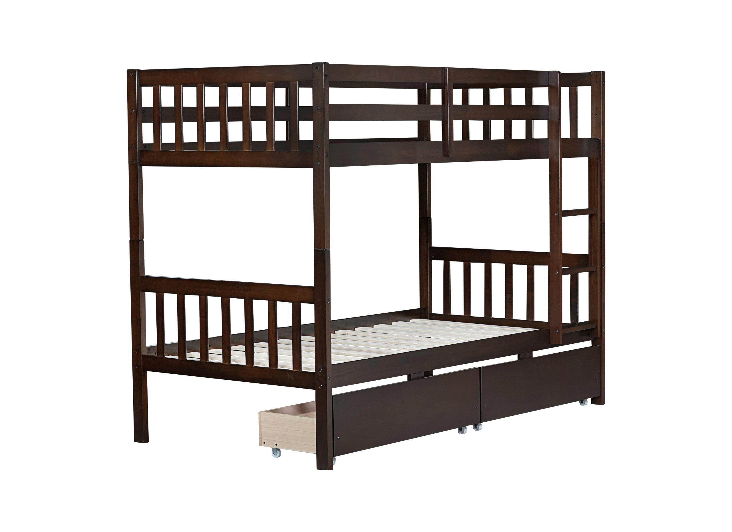 Twin Over Twin Rubber Wood Bunk Bed With 2 Drawers, Ladder And Safety Guardrails 27 Twin Over Twin Rubber Wood Bunk Bed With 2 Drawers, Ladder And Safety Guardrails