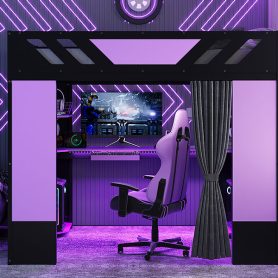 Full Size Wood Loft Bed with Shelves, Blackout Curtains and RGB Lights