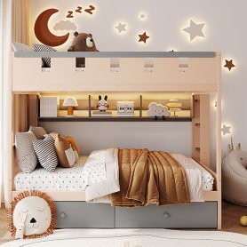 Full Size Castle Style Bunk Bed with 2 Drawers, Shelf and LED Light
