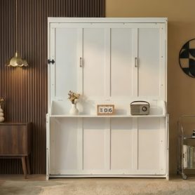 Queen Size Wood Vertical Murphy Bed with Desk, Gas Struts