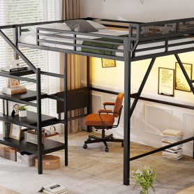 Metal Queen Size Loft Bed With Foldable Desk,Light Strip, Staircase Storage And Charging Station