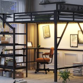 Metal Queen Size Loft Bed With Foldable Desk,Light Strip, Staircase Storage And Charging Station