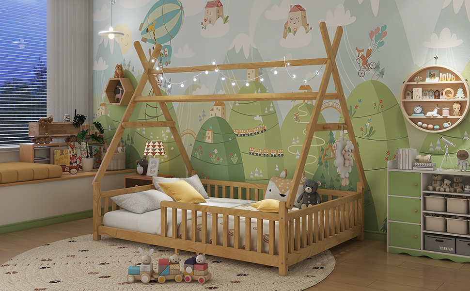 Full Low Floor House Bed With Fence And Roof 10 Full Low Floor House Bed With Fence And Roof