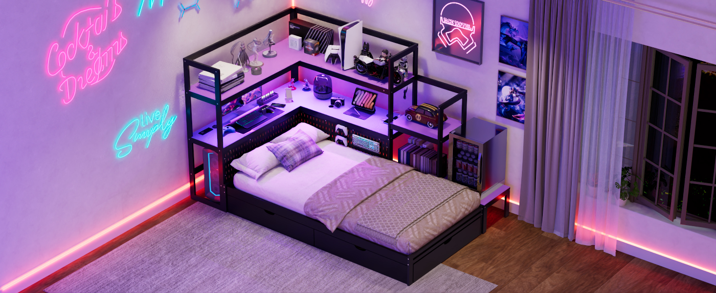 Twin Size Gaming Daybed with Integrated Desk and LED Light 44 Twin Size Gaming Daybed with Integrated Desk and LED Light