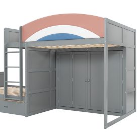 Full Size Offset Bunk Bed with Wardrobe & Drawers, Upholstered Guardrail, Built-in Hanging Rod