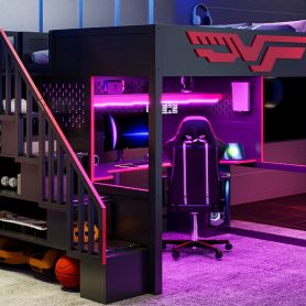 Gaming Loft Bed With Desk And Storage Staircase, LED Lights And USB
